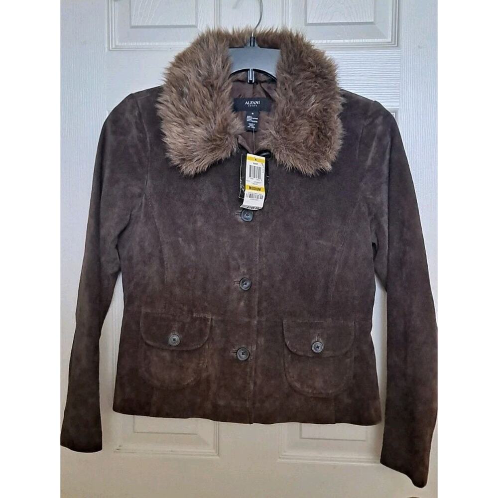 Alfani Jacket Women’s Sz Petite M, Suede Brown, fur collar Button Up, NWT $149